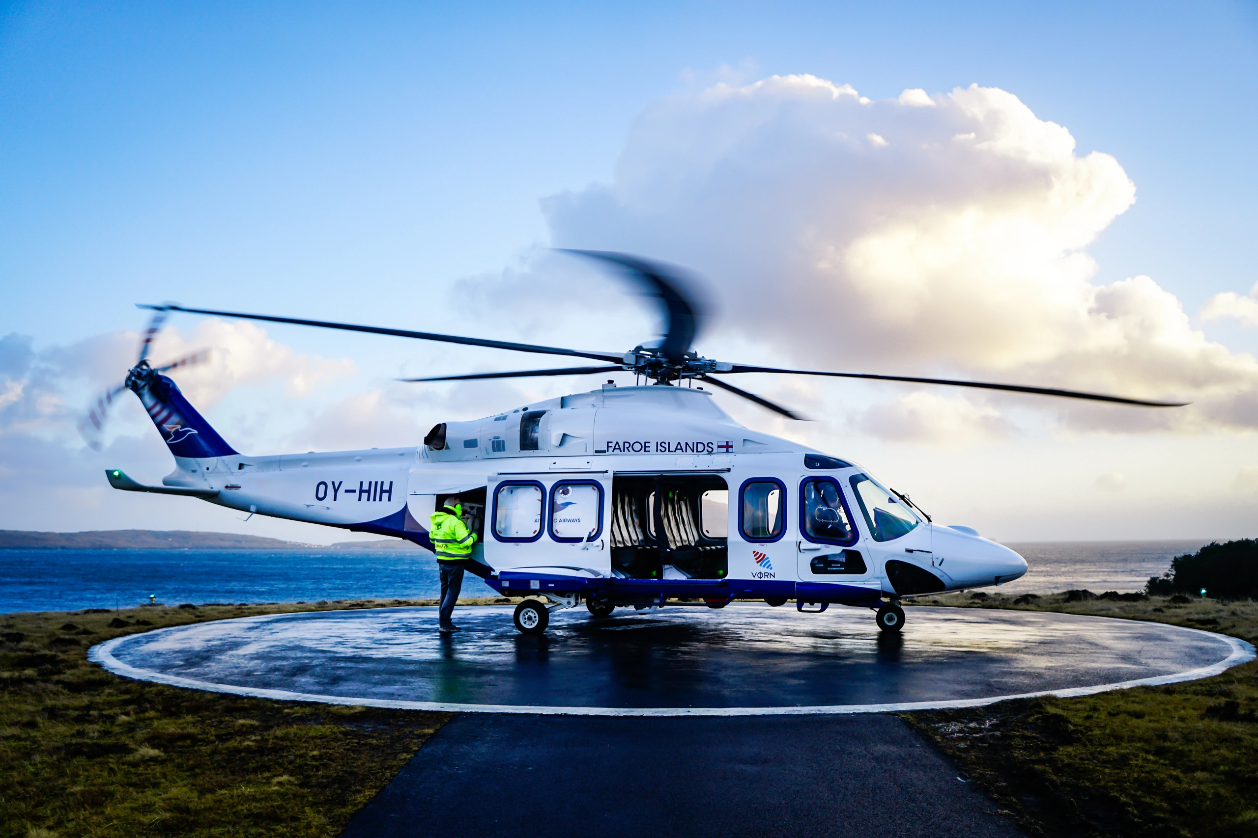 Helicopter on a coastal helipad in the Faroe Islands