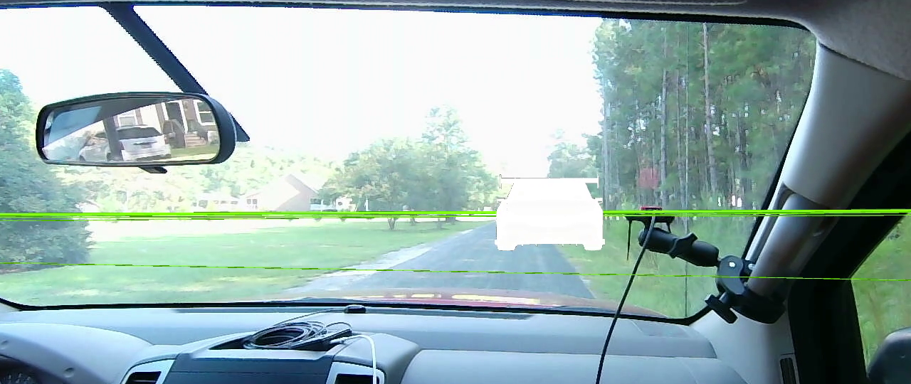 White virtual race car positioned ahead in the road scene during an HMARD vehicle demonstration